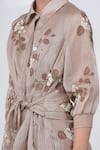 Buy_Arcvsh by Pallavi Singh_Beige Organza Block Print Sakura Floral Shirt Striped Tie-up Dress  _Online_at_Aza_Fashions