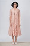 Buy_Arcvsh by Pallavi Singh_Pink Organza Block Printed Sakura Floral Dress V Neck With Scalloped Jacket _at_Aza_Fashions