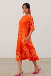 Shop_Silai Studio_Orange Chanderi Bandhani Floral Boat Neck Pattern A-line Dress  _Online_at_Aza_Fashions