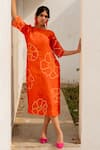 Silai Studio_Orange Chanderi Bandhani Floral Boat Neck Pattern A-line Dress  _at_Aza_Fashions