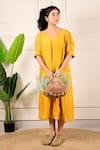 Buy_Kkanyaah_Yellow Silk, Cotton Embroidery, Piping V-neck Leaf Midi Dress _at_Aza_Fashions