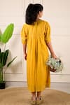Shop_Kkanyaah_Yellow Silk, Cotton Embroidery, Piping V-neck Leaf Midi Dress _at_Aza_Fashions