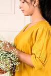 Kkanyaah_Yellow Silk, Cotton Embroidery, Piping V-neck Leaf Midi Dress _Online_at_Aza_Fashions