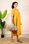 Shop_Kkanyaah_Yellow Silk, Cotton Embroidery, Piping V-neck Leaf Midi Dress _Online_at_Aza_Fashions