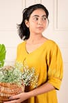 Kkanyaah_Yellow Silk, Cotton Embroidery, Piping V-neck Leaf Midi Dress _at_Aza_Fashions