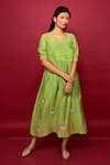 Buy_KKANYAAH_Green Pure Handwoven Silk Embroidered Applique V Floral Detailed Midi Dress _at_Aza_Fashions