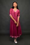Buy_KKANYAAH_Wine Silk, Cotton Applique, Embroidery V-neck Floral Detailed Dress _at_Aza_Fashions