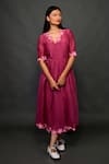 KKANYAAH_Wine Silk, Cotton Applique, Embroidery V-neck Floral Detailed Dress _Online_at_Aza_Fashions