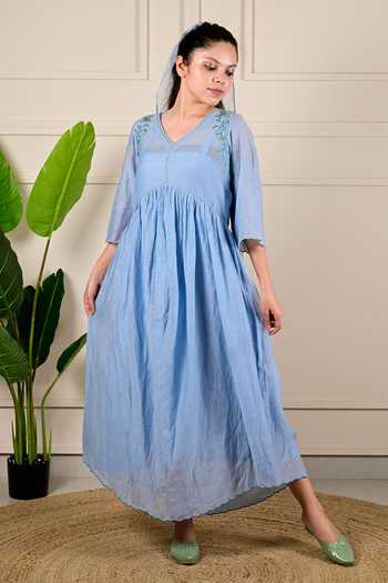 Buy_KKANYAAH_Blue Silk, Cotton Embroidery V-neck Floral Scallop Dress _at_Aza_Fashions