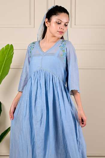 Shop_KKANYAAH_Blue Silk, Cotton Embroidery V-neck Floral Scallop Dress _at_Aza_Fashions