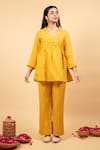 Buy_KKANYAAH_Yellow Silk, Cotton Sequins, Embroidery V-neck Hand Mustard Tunic Set _at_Aza_Fashions