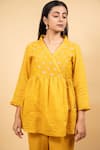 Buy_KKANYAAH_Yellow Silk, Cotton Sequins, Embroidery V-neck Hand Mustard Tunic Set _Online_at_Aza_Fashions