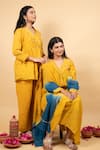 Shop_KKANYAAH_Yellow Silk, Cotton Sequins, Embroidery V-neck Hand Mustard Tunic Set _Online_at_Aza_Fashions