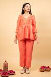 Buy_Kkanyaah_Peach Silk, Cotton Sequins V-neck Ruffle Detailed Tunic With Pant _at_Aza_Fashions