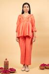 Shop_Kkanyaah_Peach Silk, Cotton Sequins V-neck Ruffle Detailed Tunic With Pant _Online_at_Aza_Fashions