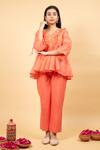 Shop_Kkanyaah_Peach Silk, Cotton Sequins V-neck Ruffle Detailed Tunic With Pant _at_Aza_Fashions