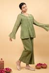 KKANYAAH_Green Silk, Cotton Sequins Collared Pin Tuck Tunic With Pant _Online_at_Aza_Fashions