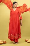 Buy_KKANYAAH_Red Anarkali And Dupatta Pure Handwoven Silk Embroidery Gota V Neck Border Set _at_Aza_Fashions