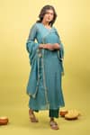 Shop_KKANYAAH_Blue Silk, Cotton Zari, Sequins V-neck Floral Border Embroidered Angrakha Set _at_Aza_Fashions