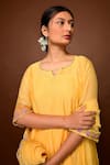 KKANYAAH Yellow Silk, Cotton Embroidery, Sequins Split V-neck Pintuck Kurta Pant Set at Aza Fashions KKANYAAH_Yellow Silk, Cotton Embroidery, Sequins Split V-neck Pintuck Kurta Pant Set _at_Aza_Fashions