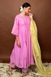 Shop_KKANYAAH_Pink Handloom , Silk, Floral Threadwork Anarkali Pant Set _at_Aza_Fashions