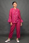 Buy_Kkanyaah_Magenta Silk, Cotton Embroidery Mandarin Collar Floral Threadwork Top Pant Set _at_Aza_Fashions