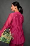 Kkanyaah_Magenta Silk, Cotton Embroidery Mandarin Collar Floral Threadwork Top Pant Set _Online_at_Aza_Fashions