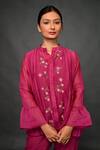 Buy_Kkanyaah_Magenta Silk, Cotton Embroidery Mandarin Collar Floral Threadwork Top Pant Set _Online_at_Aza_Fashions