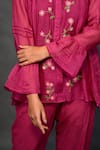 Shop_Kkanyaah_Magenta Silk, Cotton Embroidery Mandarin Collar Floral Threadwork Top Pant Set _Online_at_Aza_Fashions