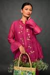Shop_Kkanyaah_Magenta Silk, Cotton Embroidery Mandarin Collar Floral Threadwork Top Pant Set _at_Aza_Fashions