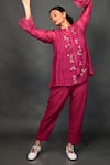 Kkanyaah_Magenta Silk, Cotton Embroidery Mandarin Collar Floral Threadwork Top Pant Set _at_Aza_Fashions