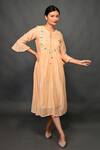 Shop_KKANYAAH_Orange Handloom Cotton, Silk Embroidery Split V-neck Threadwork Dress _at_Aza_Fashions