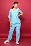 Buy_KKANYAAH_Blue Top- Pure Handwoven Silk Hand Placed And Pant Co-ord Set _at_Aza_Fashions