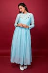 Buy_KKANYAAH_Blue Cotton, Silk Embroidery High Neck Placed Floral Hand Dress _at_Aza_Fashions