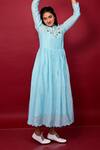 Buy_KKANYAAH_Blue Cotton, Silk Embroidery High Neck Placed Floral Hand Dress _Online_at_Aza_Fashions