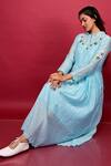 Shop_KKANYAAH_Blue Cotton, Silk Embroidery High Neck Placed Floral Hand Dress _at_Aza_Fashions
