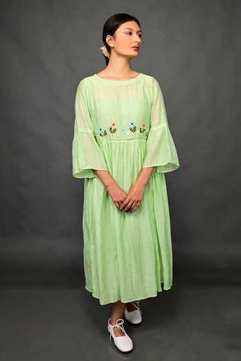 Buy_KKANYAAH_Green Silk, Cotton Embroidery Round Neck Floral Waist Dress _at_Aza_Fashions