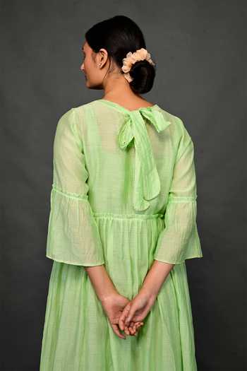 KKANYAAH_Green Silk, Cotton Embroidery Round Neck Floral Waist Dress _Online_at_Aza_Fashions