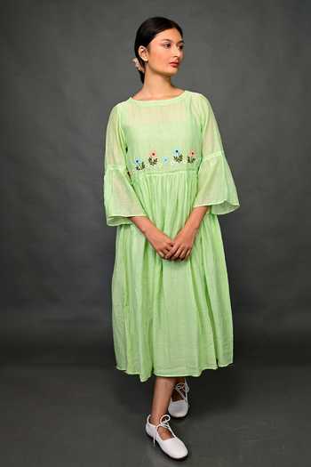 Buy_KKANYAAH_Green Silk, Cotton Embroidery Round Neck Floral Waist Dress _Online_at_Aza_Fashions