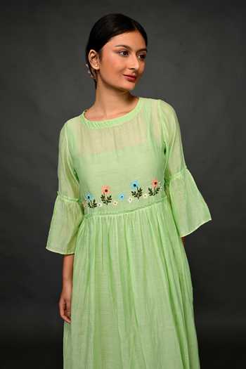 Shop_KKANYAAH_Green Silk, Cotton Embroidery Round Neck Floral Waist Dress _at_Aza_Fashions