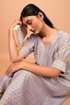 Shop_KKANYAAH_Silver Dress- Handwoven Silk Printed Floral V Neck  _at_Aza_Fashions