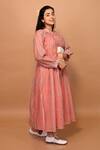 Shop_KKANYAAH_Orange Dress- Handwoven Silk Printed Floral Band Collar Rose Smocked _at_Aza_Fashions