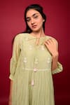 KKANYAAH_Green Silk, Cotton Embroidery Open Neck Floral Hand Bodice Gathered Dress _Online_at_Aza_Fashions