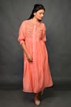 KKANYAAH_Peach Dress- Pure Handwoven Silk Embroidered Floral Band Collar Gathered _Online_at_Aza_Fashions