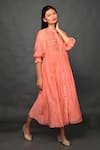 Buy_KKANYAAH_Peach Dress- Pure Handwoven Silk Embroidered Floral Band Collar Gathered _Online_at_Aza_Fashions