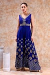 Kefi Collections_Blue Rayon Embroidery Zari Thread V Neck Anu Sequin Jumpsuit  _Online_at_Aza_Fashions