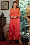 Buy_SHASHANK ARYA_Orange Flat Chiffon Printed Floral V-neck Jamewar Ombre Kalidar _at_Aza_Fashions