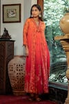 Shop_SHASHANK ARYA_Orange Flat Chiffon Printed Floral V-neck Jamewar Ombre Kalidar _Online_at_Aza_Fashions