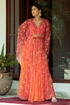 Buy_SHASHANK ARYA_Orange Flat Chiffon Printed Floral V-neck Vine Ombre Kaftan_at_Aza_Fashions