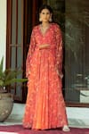 SHASHANK ARYA_Orange Flat Chiffon Printed Floral V-neck Vine Ombre Kaftan_Online_at_Aza_Fashions